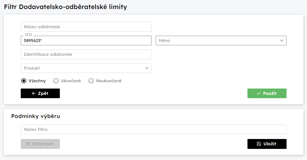 Dialog filtru se zadanmi parametry