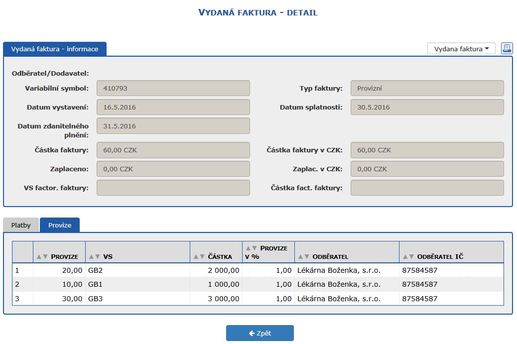 Zloka Provize na detailu vydan faktury