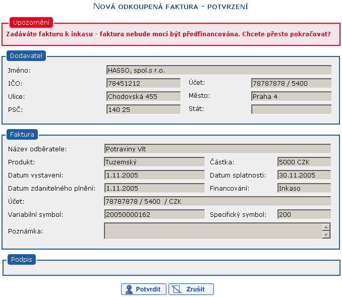 Varovn pi vloen inkasnch faktur (pokud inkasn provize je zadan)