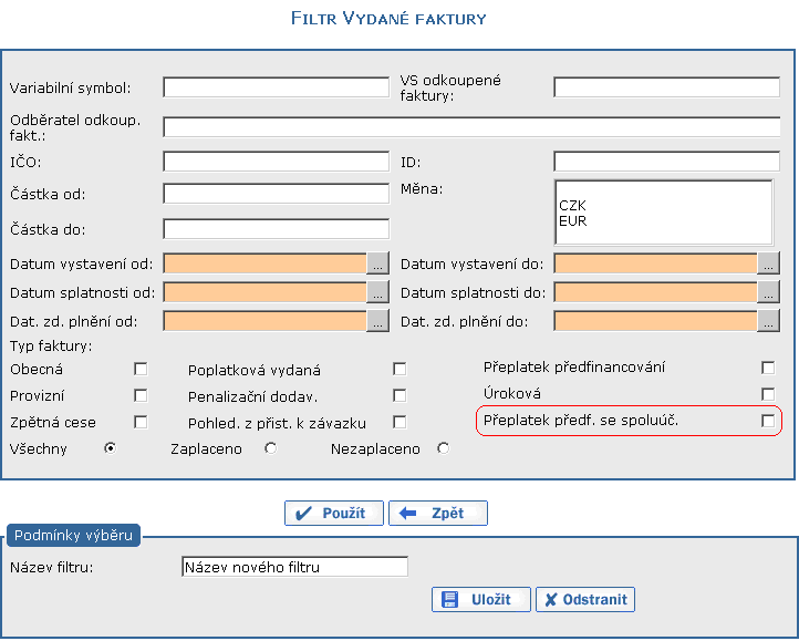 Filtr vydan faktury