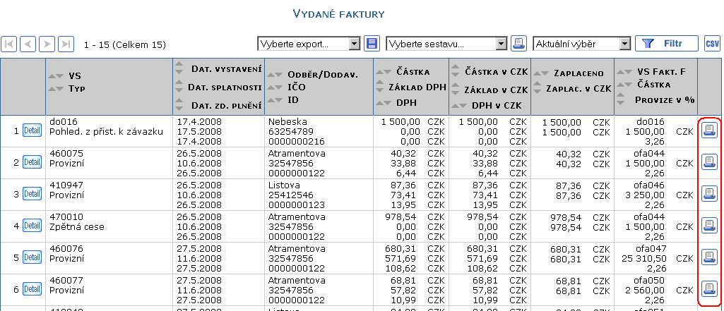 Tisk detailu vydan faktury z pehledu