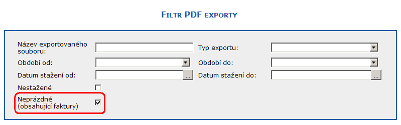 Filtr PDF export se zakrtnutm checboxem pro vbr pouze neprzdnch soubor