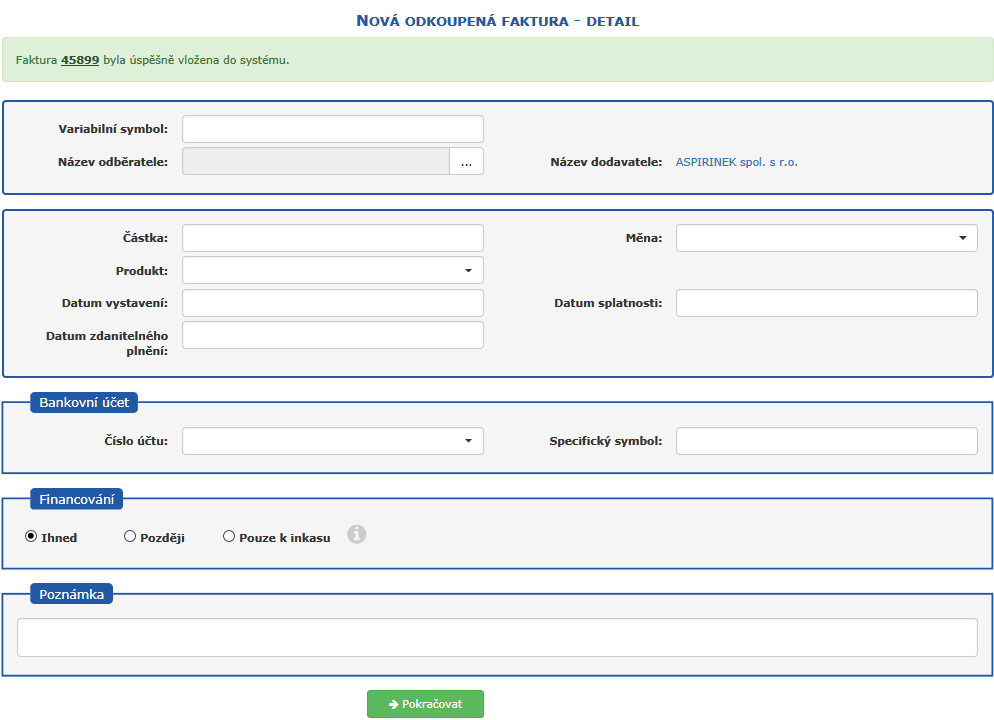Informace o spn uloen faktue