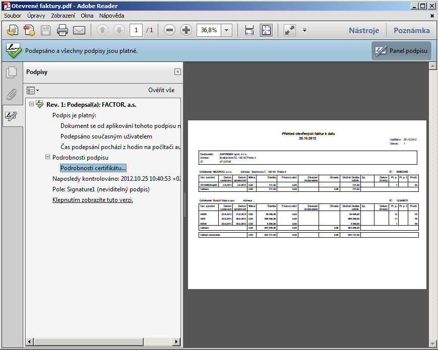 Ukzka podepsanho PDF souboru v prohlei Adobe Reader s otevenm panelem elektronickho podpisu