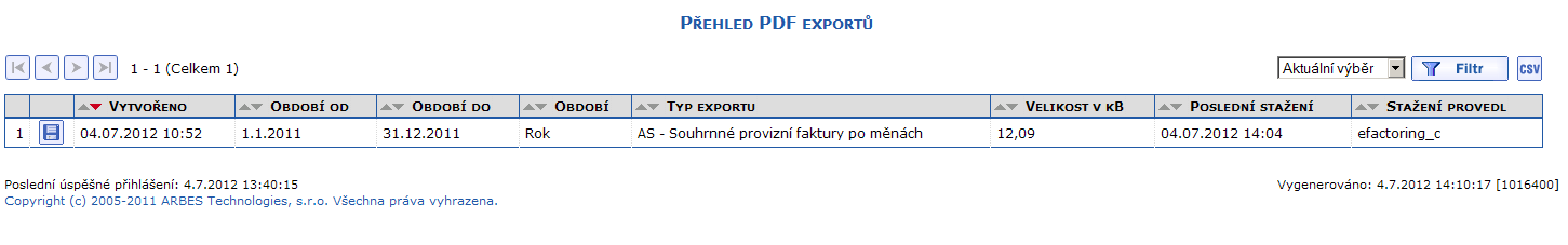Ukzka exportu sestavy Souhrnn provizn faktury po mnch