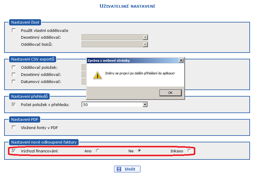 Ukzka - Nastaven implicitnho financovn na hodnotu Ne