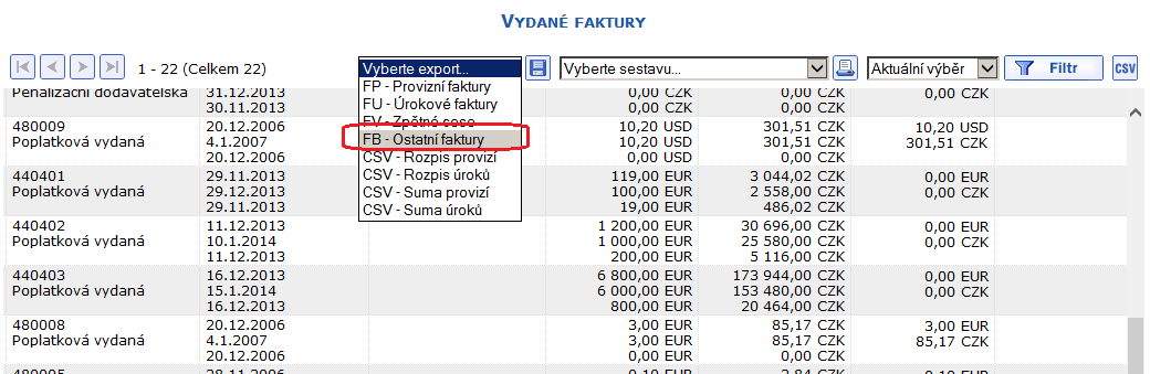 Nov BBS export v nabdce Faktury/Vydan faktury