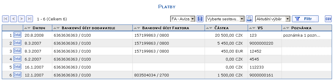 Poznmka na pehledu plateb