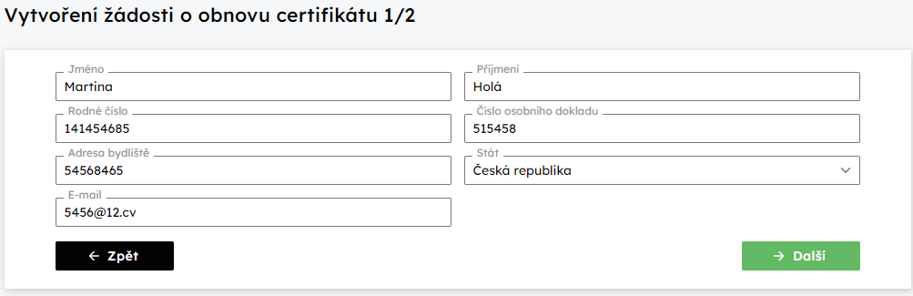 dost o obnovu internho certifiktu  1.krok