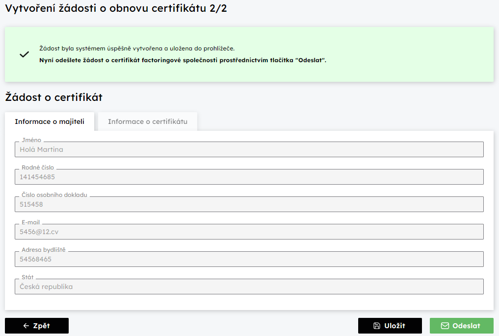 dost o obnovu internho certifiktu  2.krok