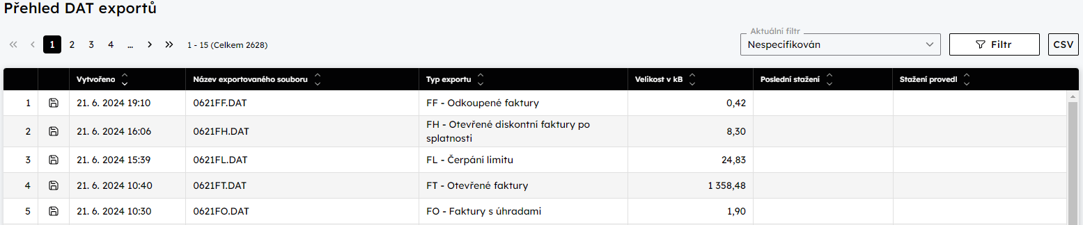 Pehled DAT exporty