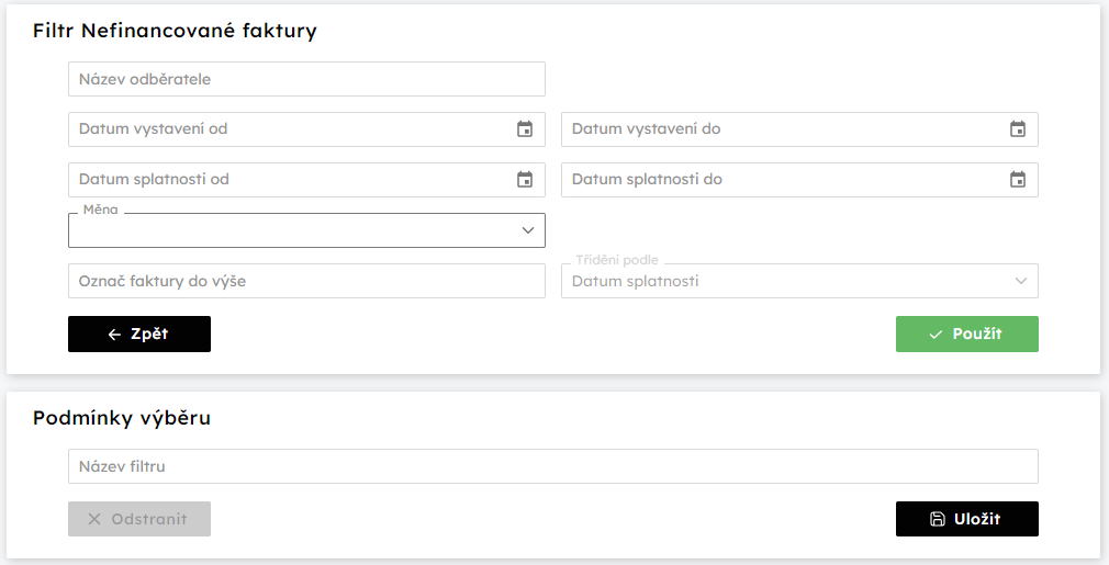 Ukzka filtru pehledu Nefinancovan faktury