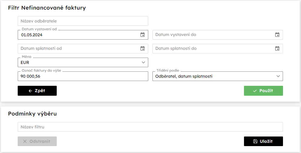 Ukzka filtru s pedvyplnnou stkou ve pedfinancovn