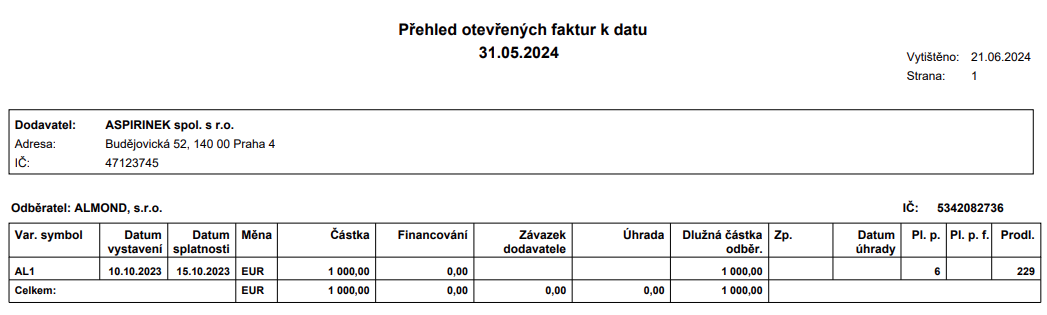 Sestava Odkoupen faktury