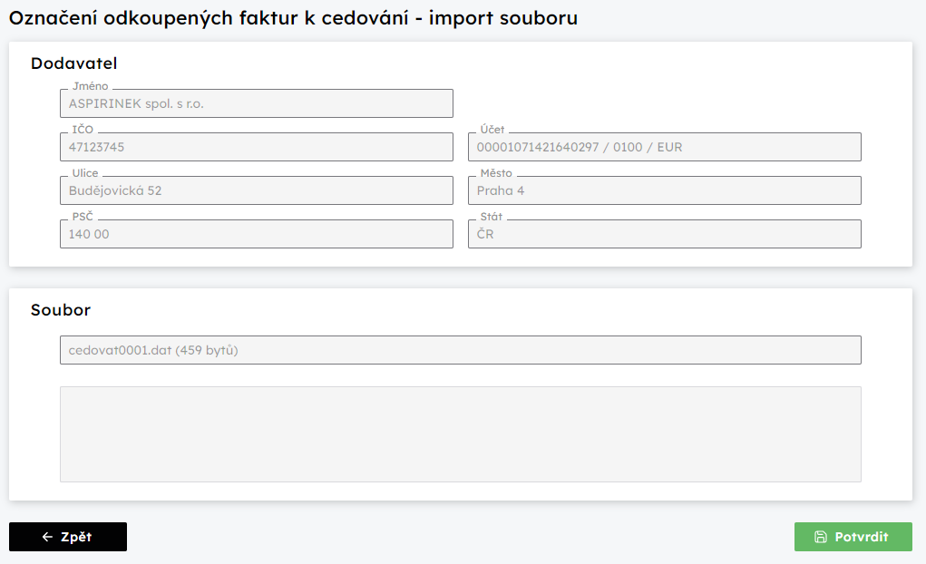 Oznaen odkoupench faktur k cedovn - import souboru