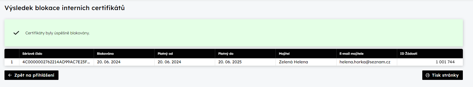 Strnka potvrzujc proveden blokace certifikt