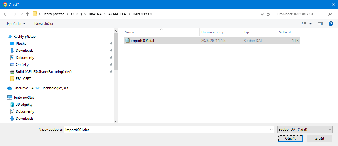Dialog Zvolte soubor se souborem import0001.DAT
