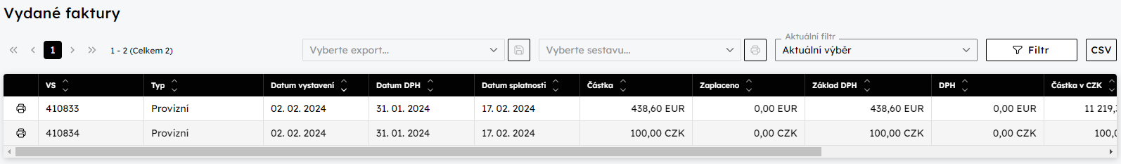 Pehled Vydan faktury odpovdajc zadanmu filtru