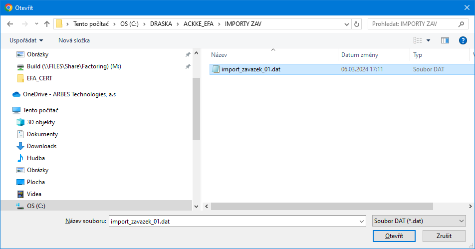 Dialog Zvolte soubor se souborem import_zavazek_01.DAT