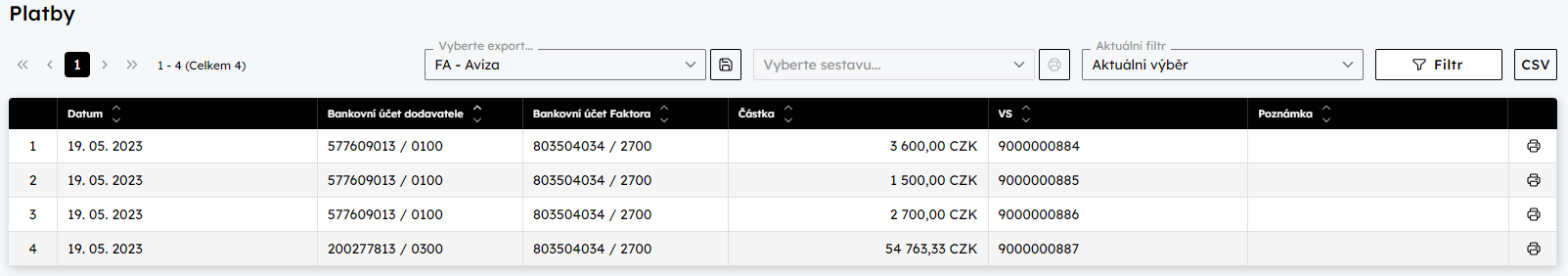 Pehled Platby odpovdajc zadanmu filtru