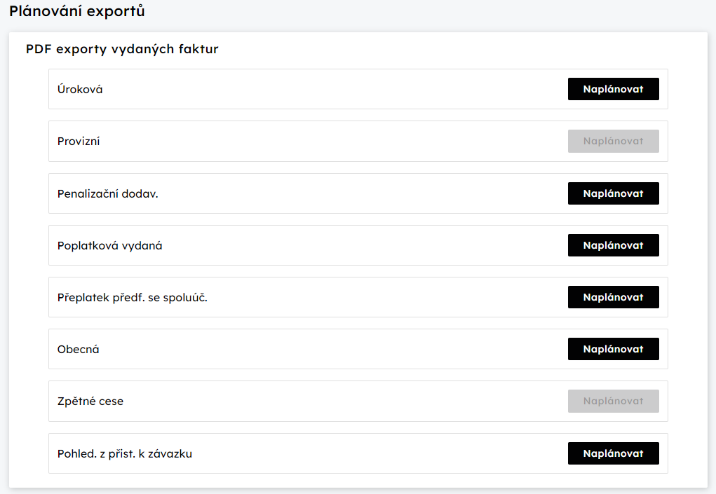 Plnovn export - PDF exporty vydanch faktur