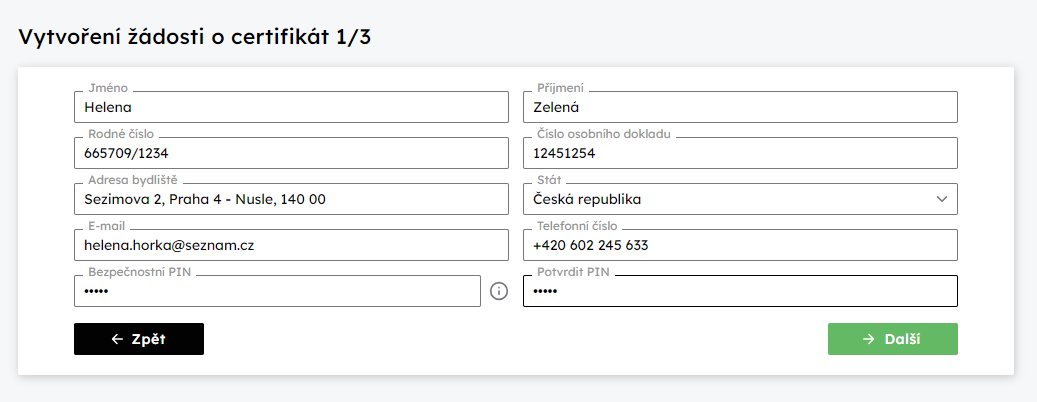 Vytvoen dosti o certifikt - 1.krok