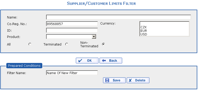 The Filter dialog with entered parameters