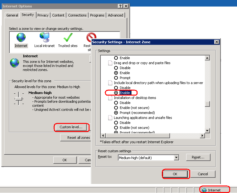 Change of the zone settings in the IE browser