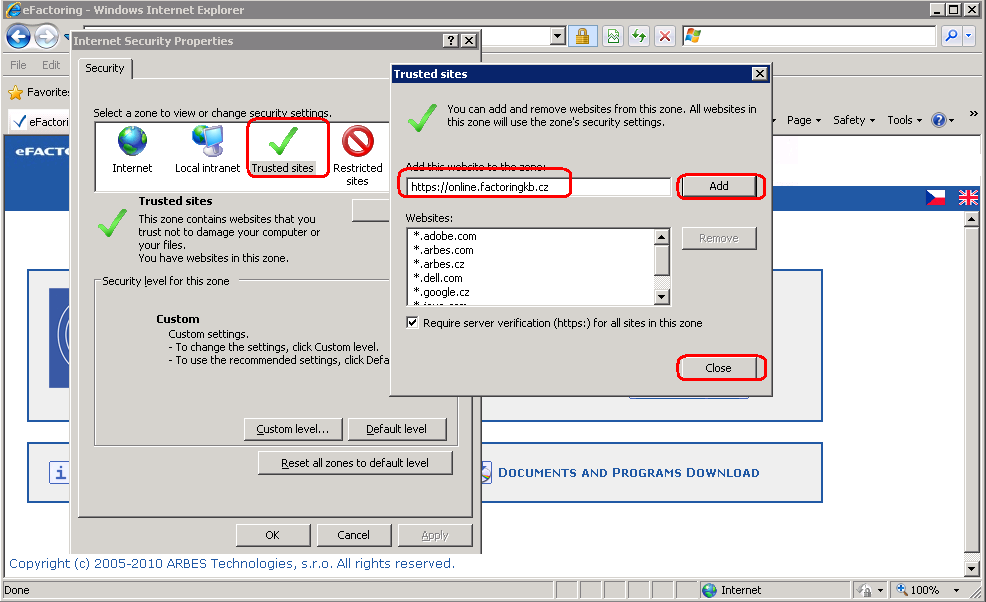 Adding to the trusted servers in the IE browser  step 2