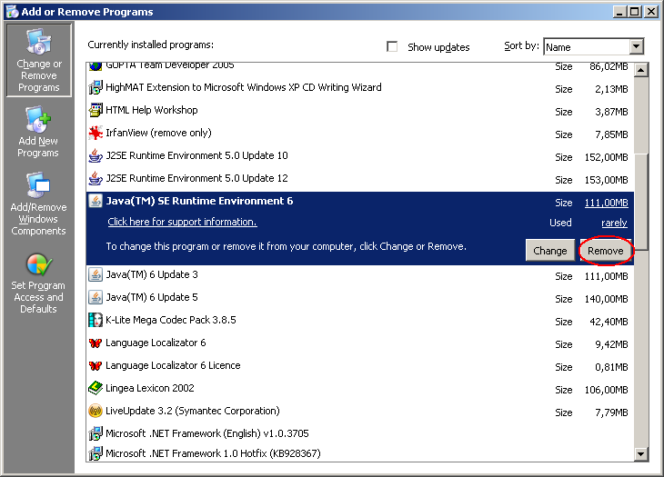 Uninstalling the Java program from the Add or Remove Programs menu