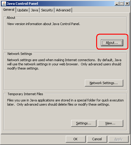 Pressing the About button in the Java Control Panel dialog