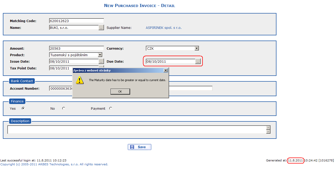 Entering an invoice with a past due date