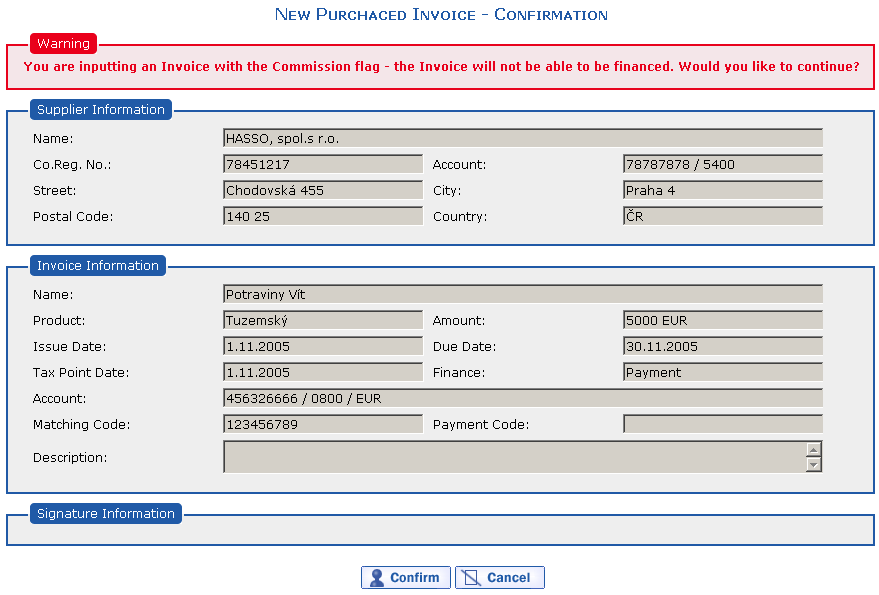 Warning upon payment invoice entry (if payment commission is entered)