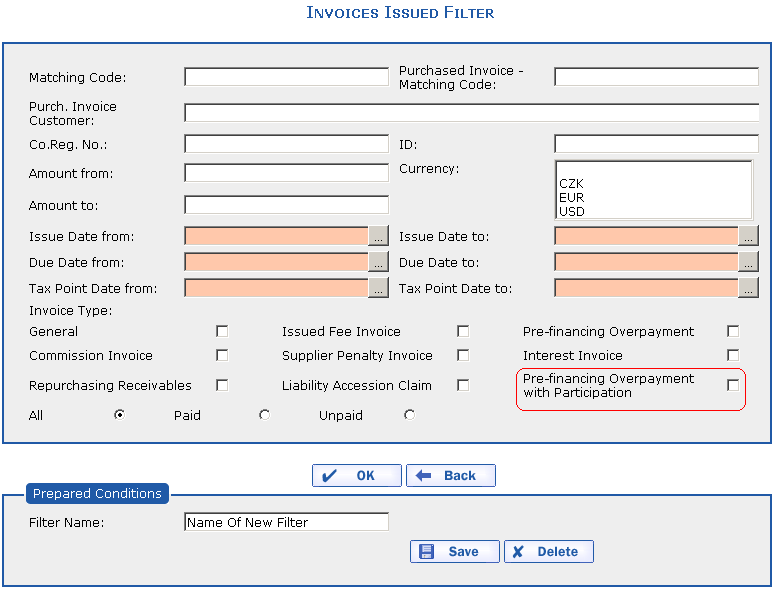 The filter of invoices issued