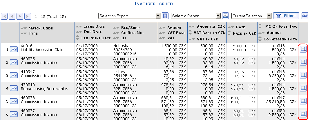 Printing the invoice issued detail from the overview