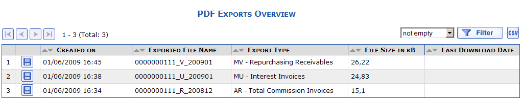 Overview of PDF exports displaying only non-empty files