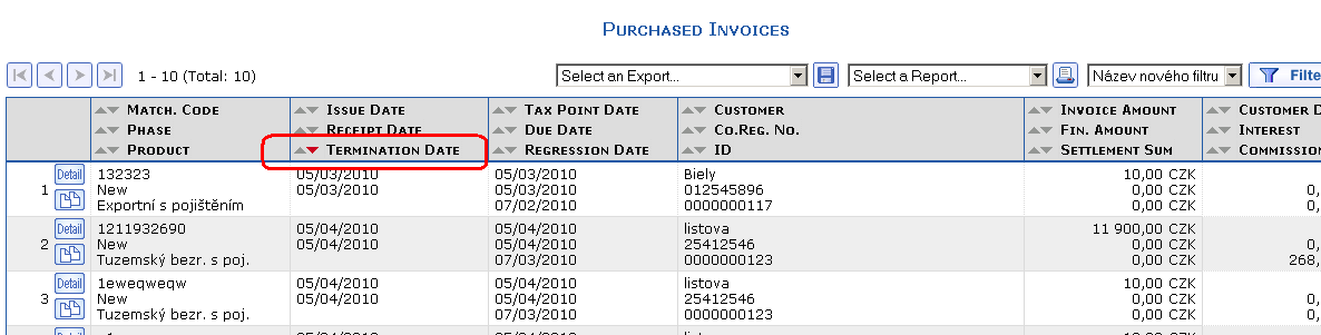 Overview of purchased invoices with newly added information