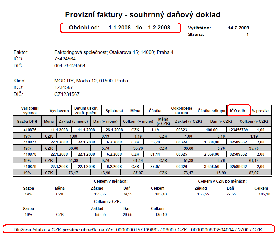 Example of modified printing of a summary tax document of commission invoices