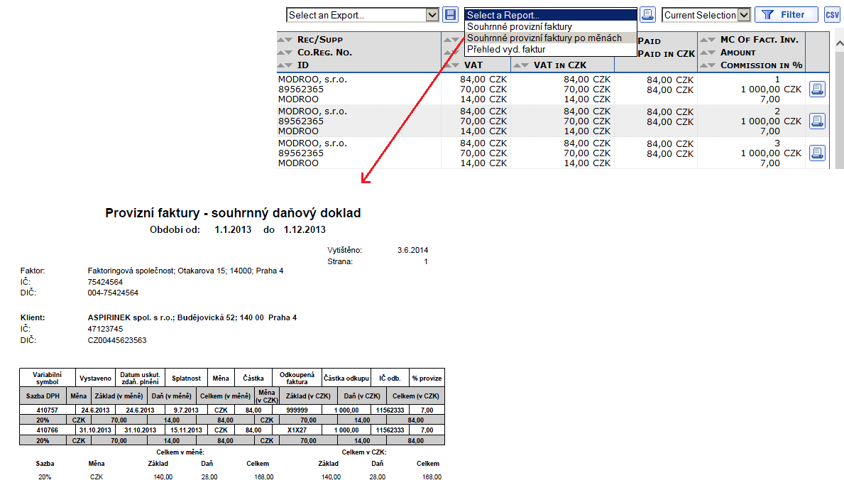 Selection of a report file and its display. 