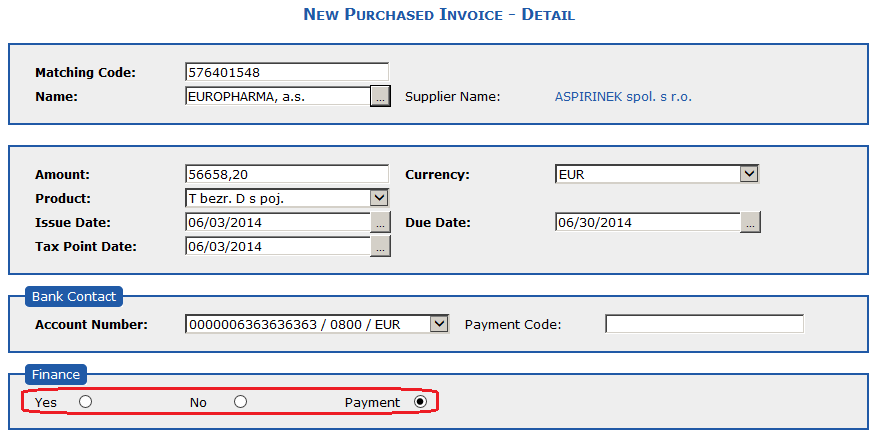 The form for entering newly purchased invoices - Financing section