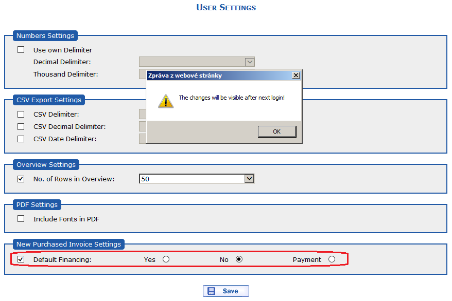 Illustration - Setting default financing to No