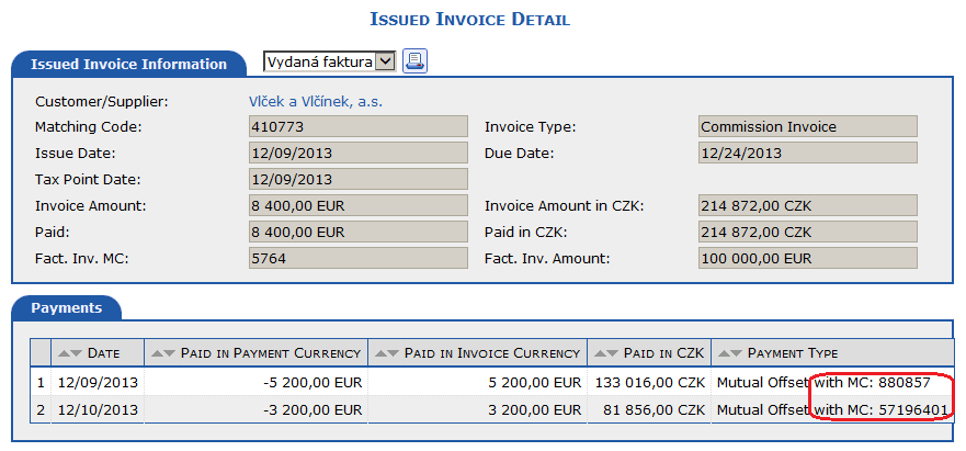 Payment of an Invoice Issued by Offset 