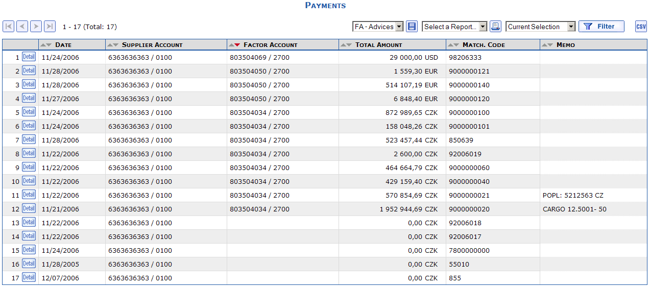 Note in the overview of payments