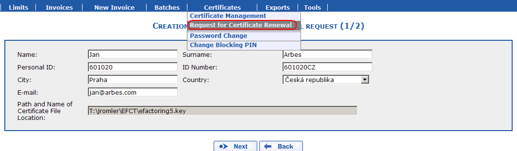 Request for internal certificate renewal