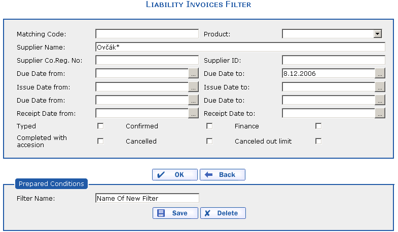 The Liability Invoices filter