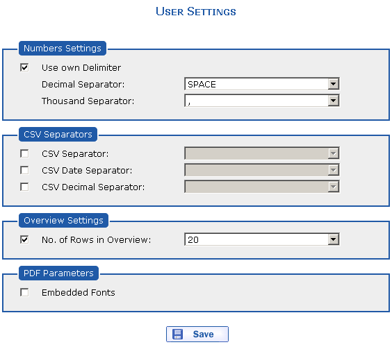 User Settings dialog