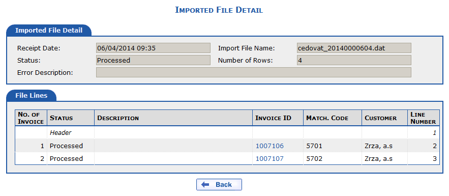 Detail of an imported file that occurred without errors and invoices were marked as designated for ceding. 