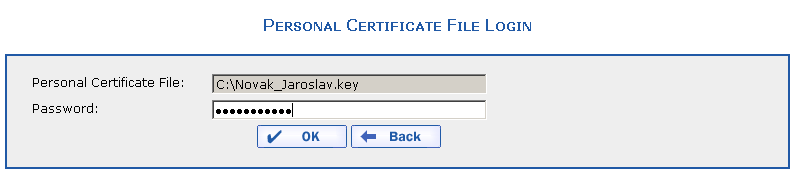 The User Login dialog  entry of the path and password to the electronic certificate file