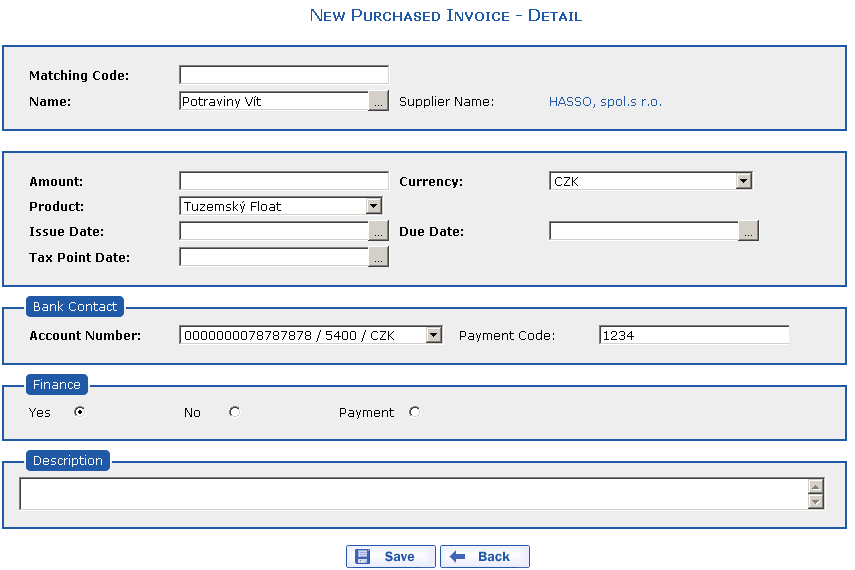 A new purchased invoice with copied data from a selected invoice