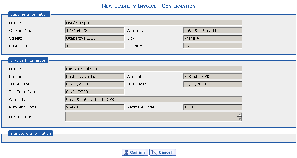 New Liability Invoice  Confirmation